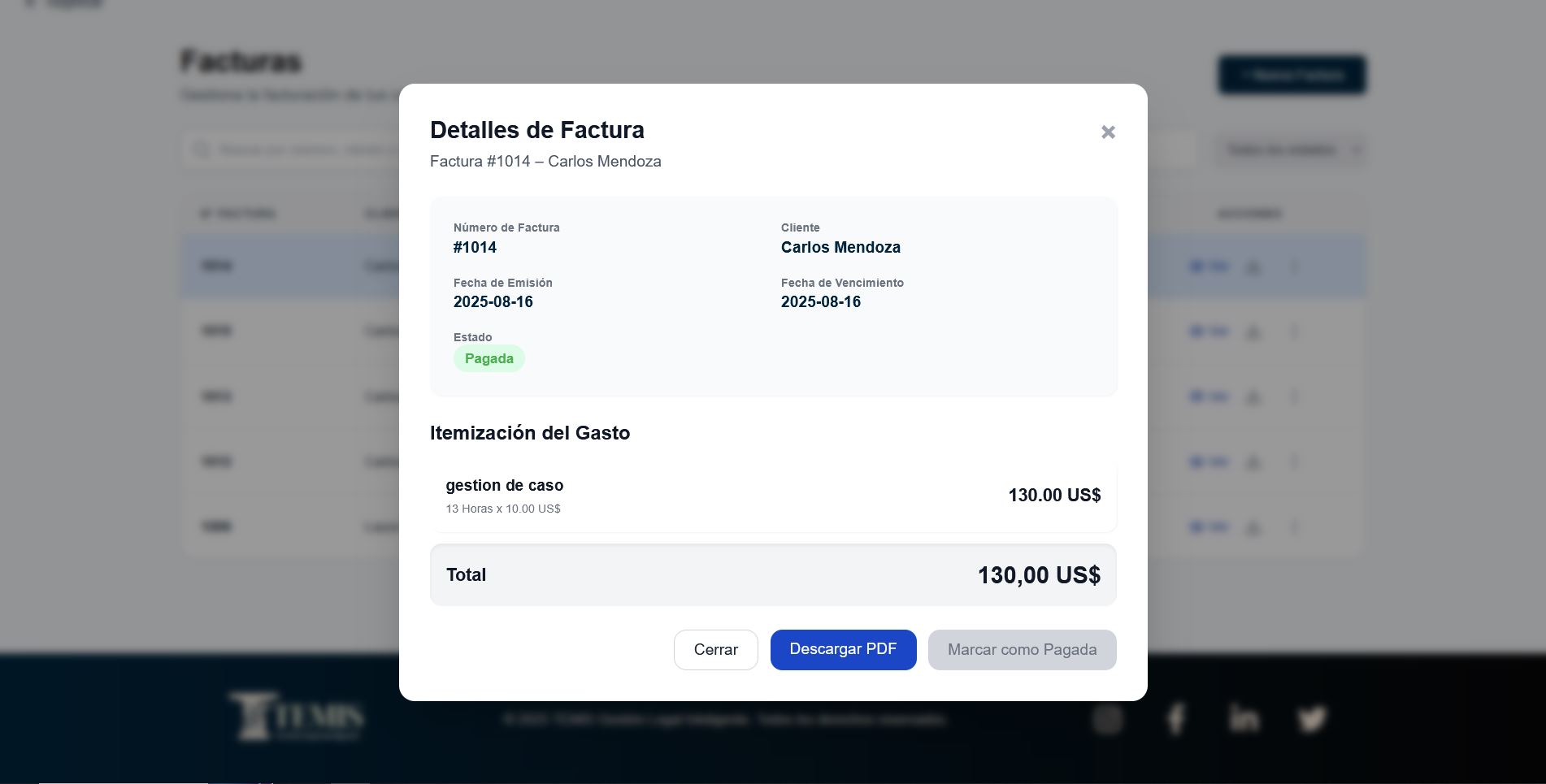 Temis invoice detail page